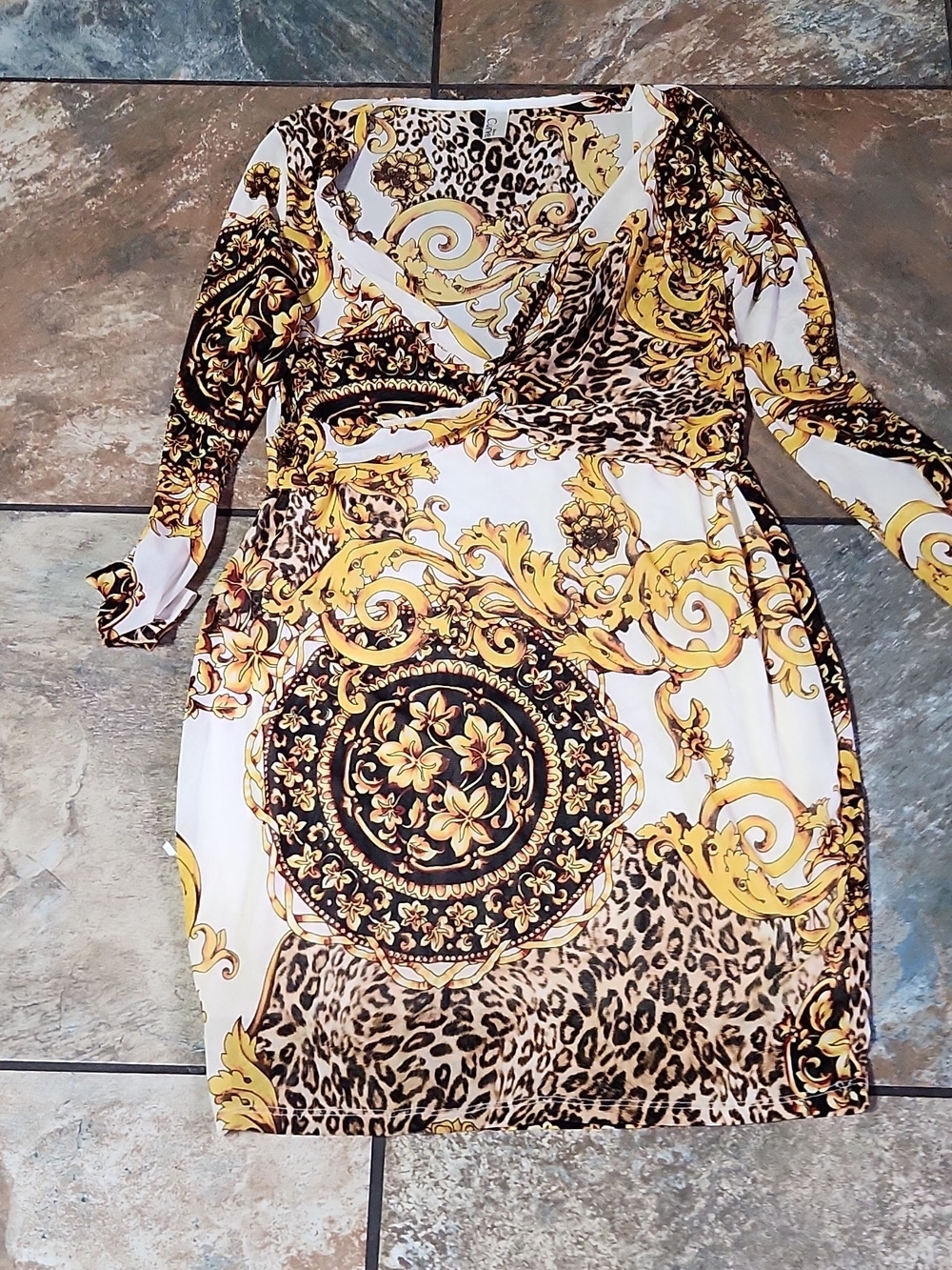 White and Gold Baroque Leopard-Print Long Sleeve Wrap Dress